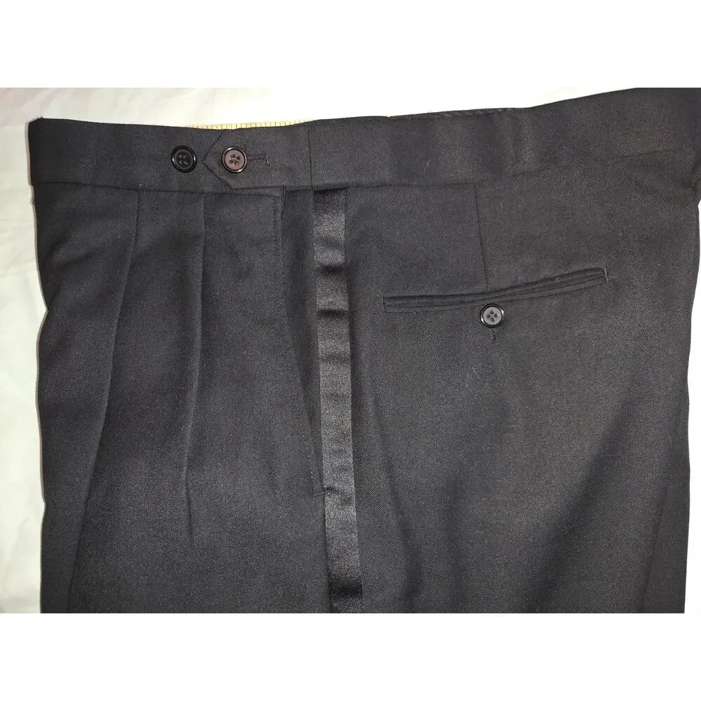 Vintage Y2K Mens Black Pleated Tuxedo Pants Satin Stripe Adjustable Waist 30x29